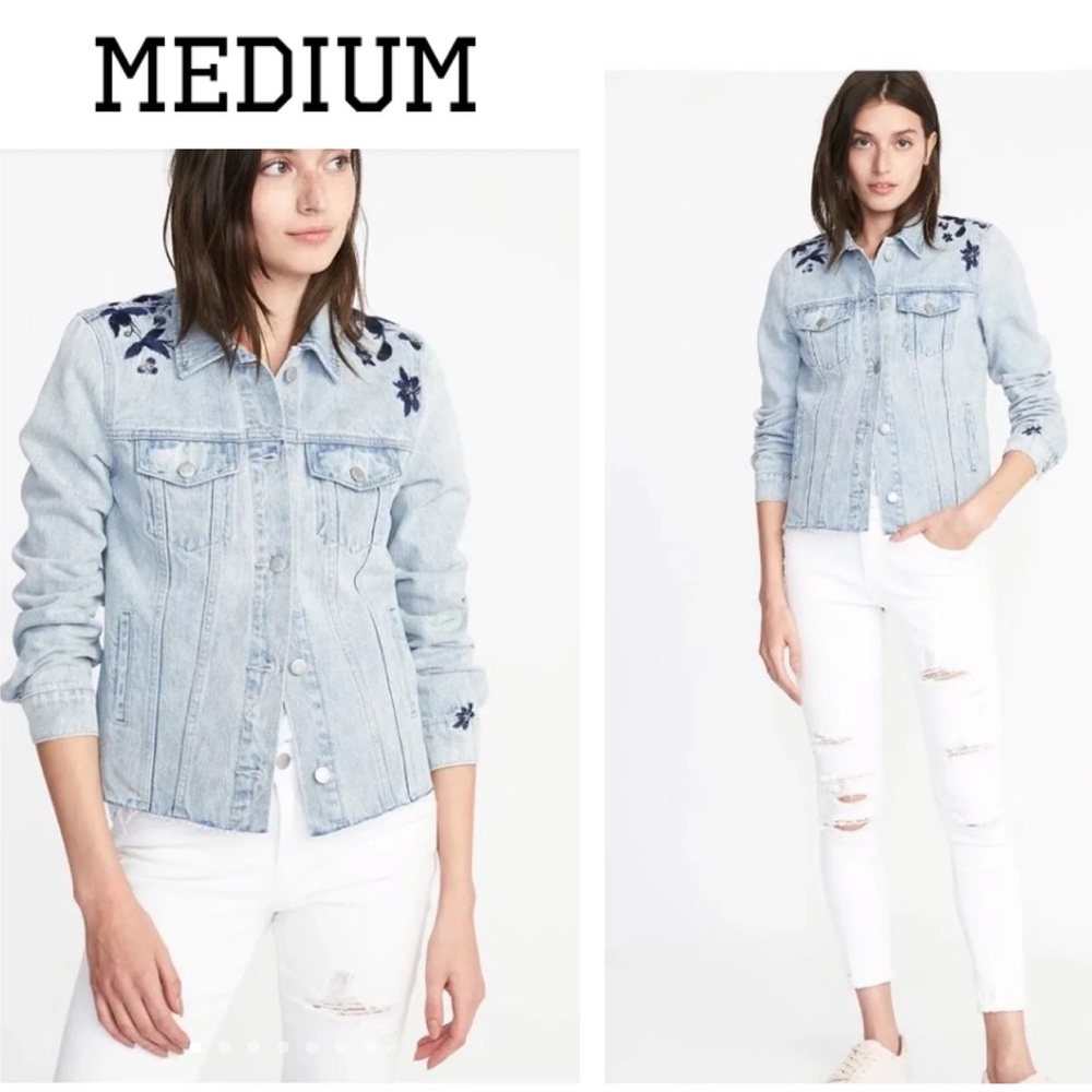 Old Navy denim jean jacket floral detail raw hem M
